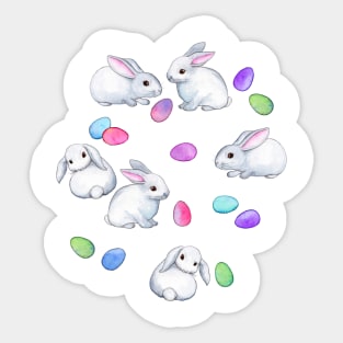 Easter Bunnies with Rainbow Pastel Eggs on white Sticker